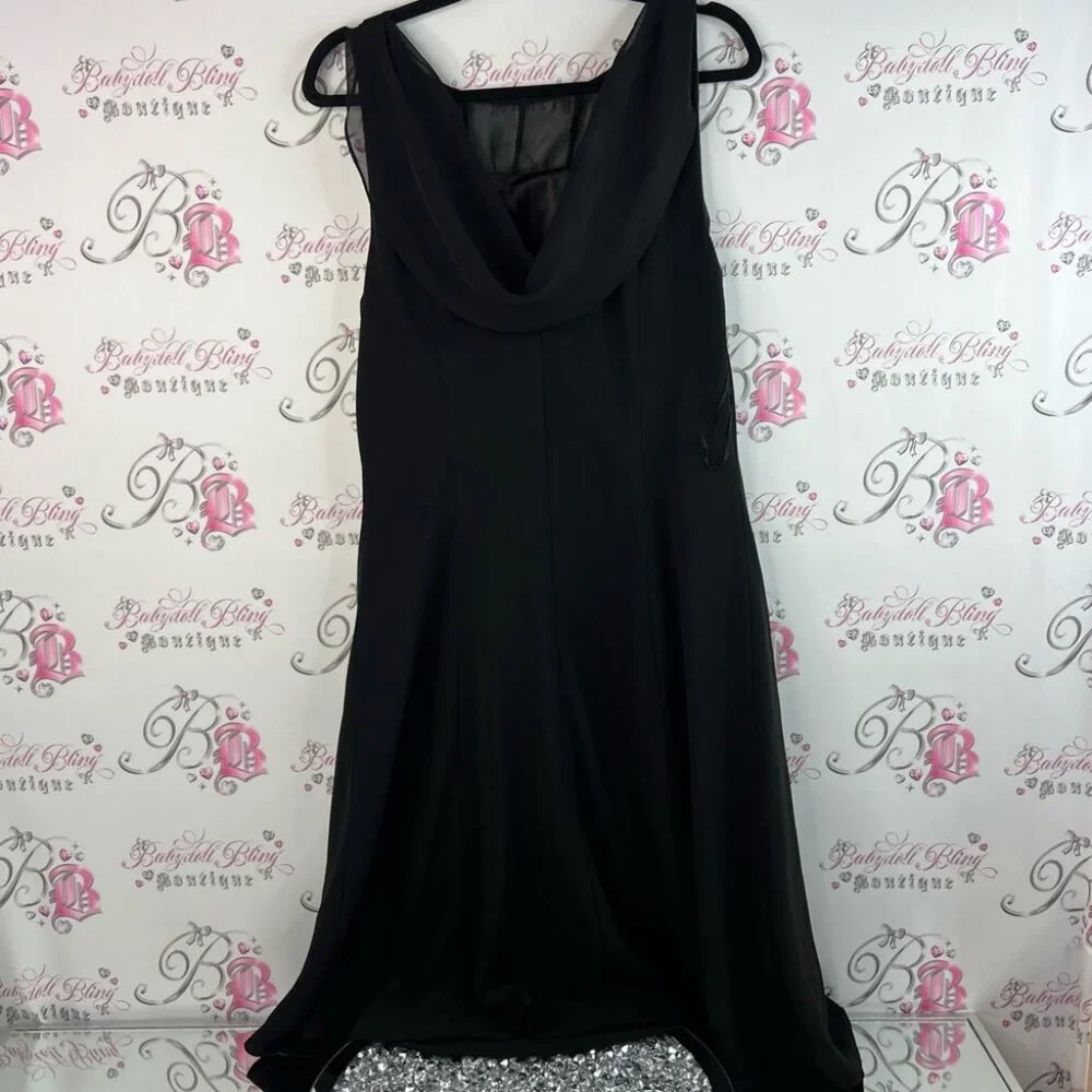 Cleocleo petite dress rhinestone bling cowl neck swoop Black Dress silver detail
